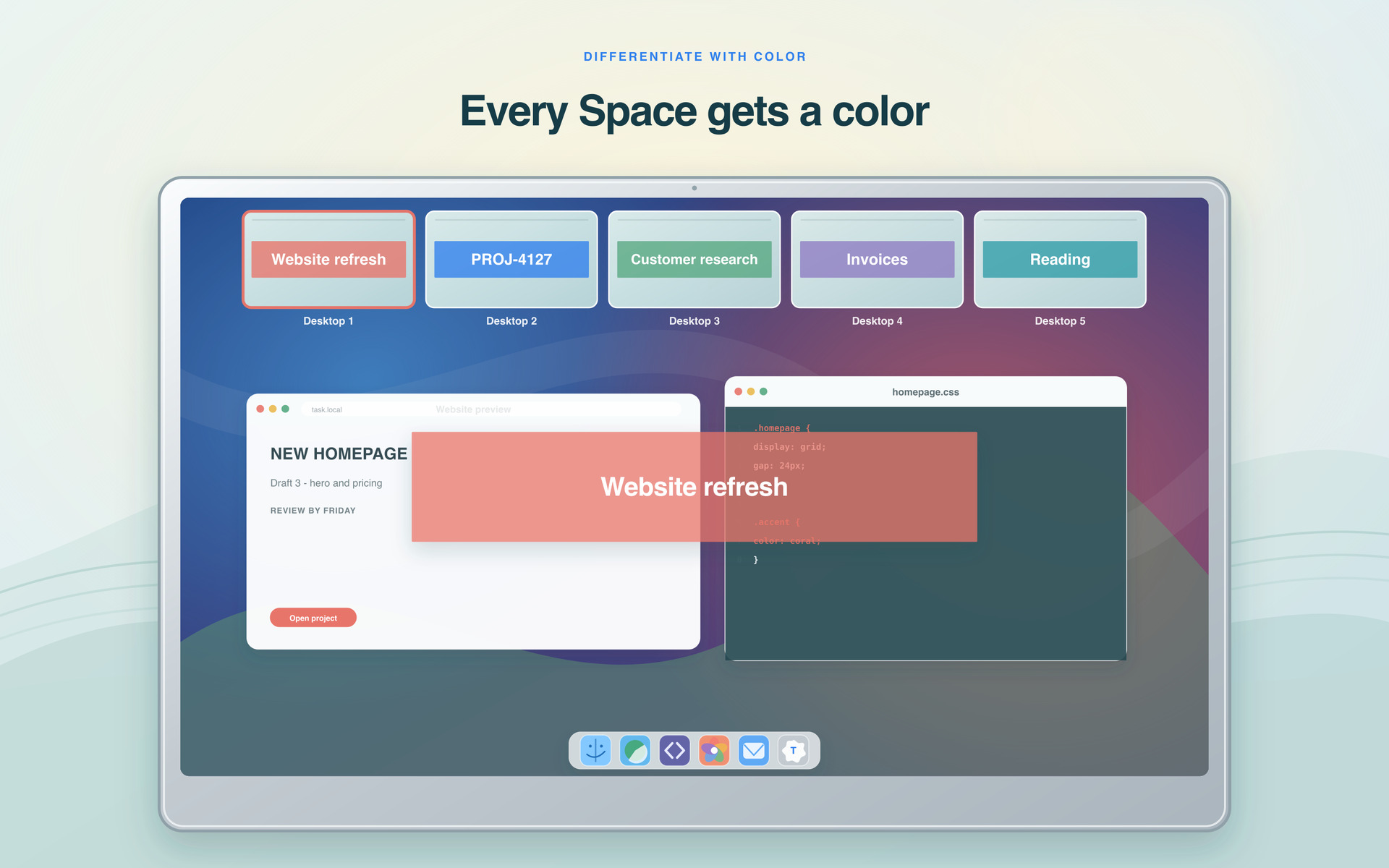 Mission Control with five named Spaces, each label drawn in a different color