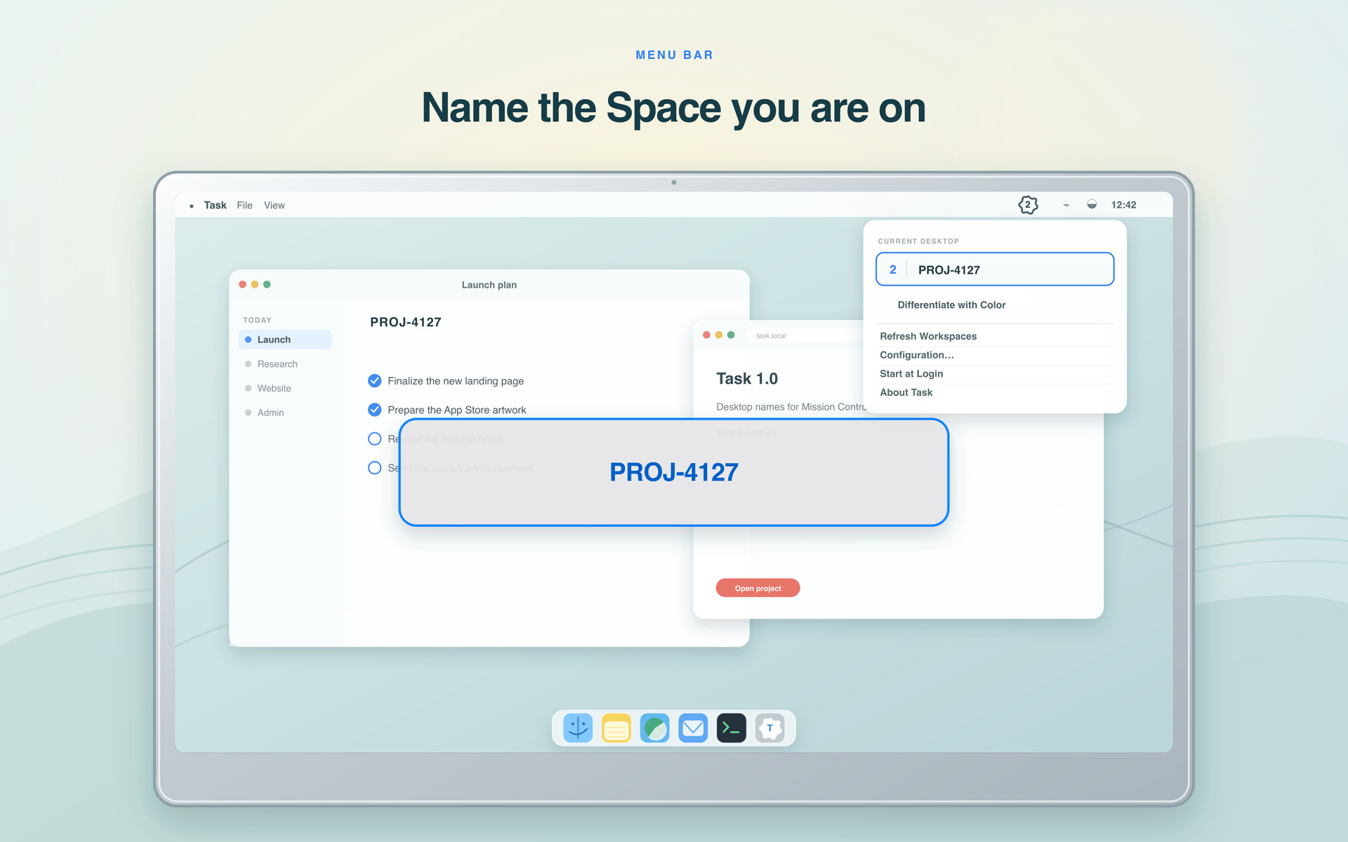 Task's menu open from the menu bar with the current Space name PROJ-4127 in an editable field