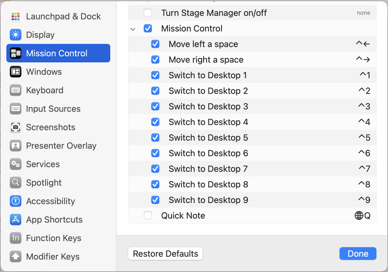 macOS Mission Control keyboard shortcuts configured for moving left and right and switching directly to Desktops 1 through 9